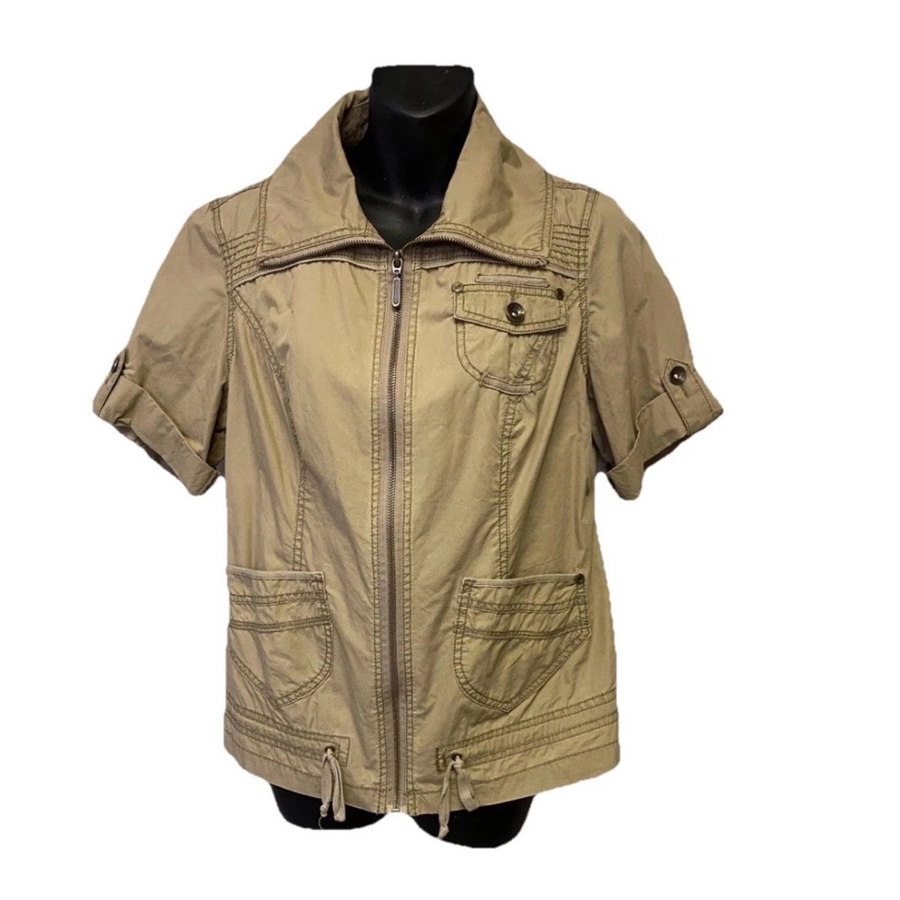 Ruff Hewn Jacket Women’s XL Tan Utility Short Sleeve Zip Front Pockets Cotton